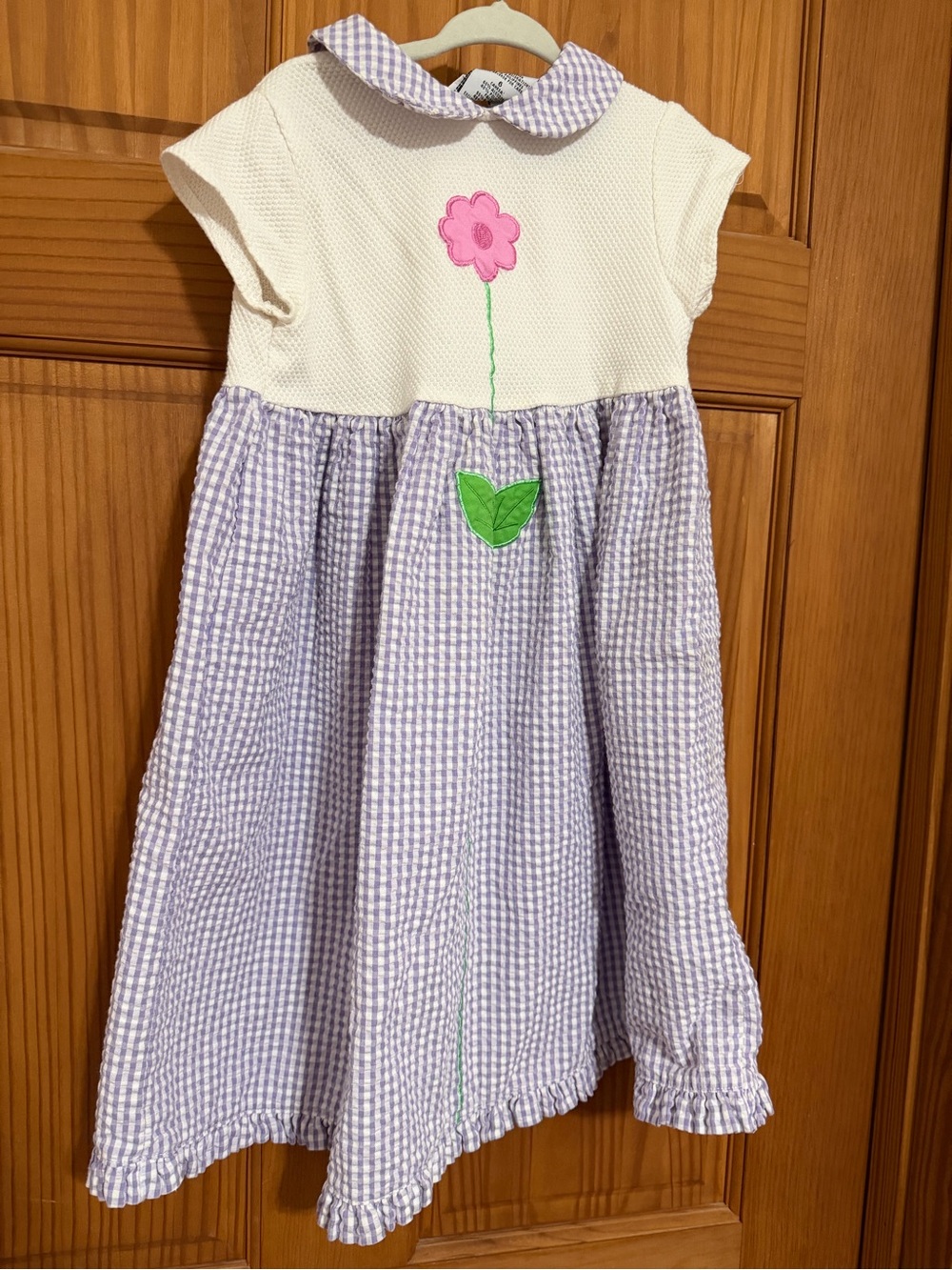 Youngland Girls' Lavender Seersucker Gingham Flower Appliqué Dress
